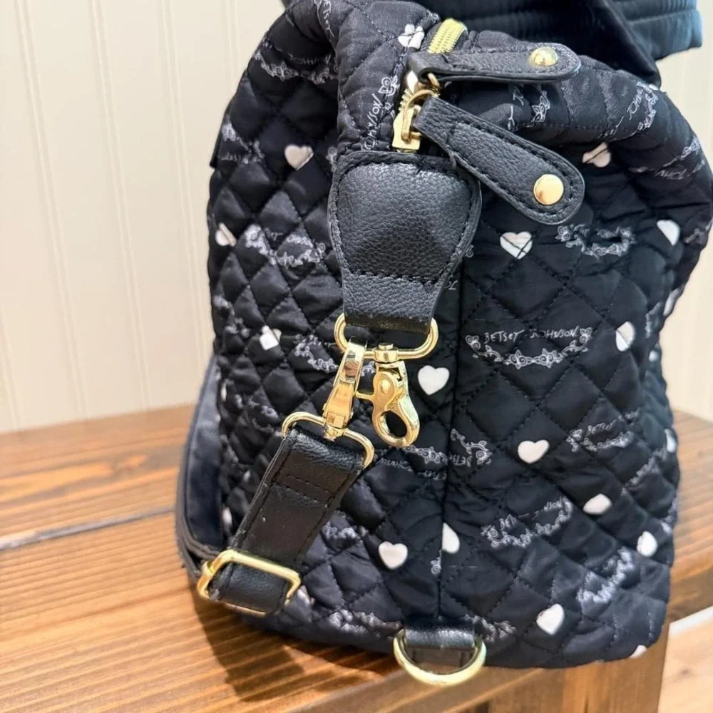 Betsey Johnson Quilted Black‎ Heart Bow Satchel Tote Floral Lined Travel Bag